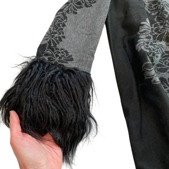 NWT, Melissa Paige Floral Gray, Black Sweater, Penny Lane Style Cuffs/Fur, M - Picture 4 of 14